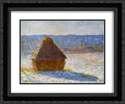 Grainstack in the Morning, Snow Effect 24x20 Black Ornate Wood Framed Art Print Poster with Double Matting by Monet, Claude