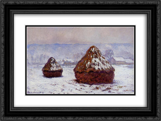 Grainstacks, Snow Effect 24x18 Black Ornate Wood Framed Art Print Poster with Double Matting by Monet, Claude
