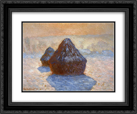 Grainstacks, White Frost Effect 24x20 Black Ornate Wood Framed Art Print Poster with Double Matting by Monet, Claude