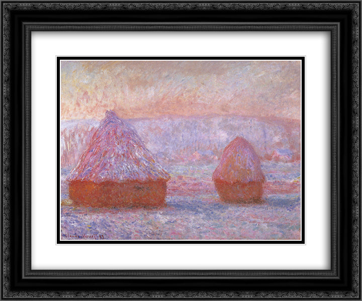 Grainstacks at Giverny, Morning Effect 24x20 Black Ornate Wood Framed Art Print Poster with Double Matting by Monet, Claude