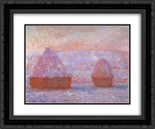 Grainstacks at Giverny, Morning Effect 24x20 Black Ornate Wood Framed Art Print Poster with Double Matting by Monet, Claude