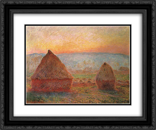 Grainstacks at Giverny, Sunset 24x20 Black Ornate Wood Framed Art Print Poster with Double Matting by Monet, Claude