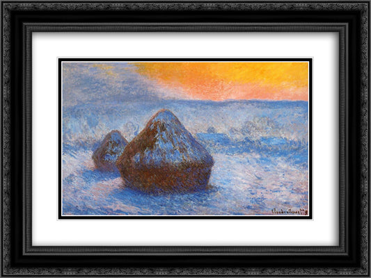 Grainstacks at Sunset, Snow Effect 24x18 Black Ornate Wood Framed Art Print Poster with Double Matting by Monet, Claude