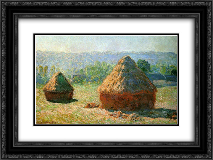 Grainstacks at the End of Summer, Morning Effect 24x18 Black Ornate Wood Framed Art Print Poster with Double Matting by Monet, Claude
