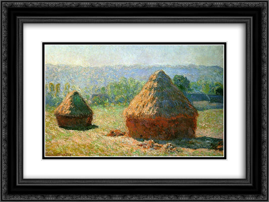 Grainstacks at the End of Summer, Morning Effect 24x18 Black Ornate Wood Framed Art Print Poster with Double Matting by Monet, Claude