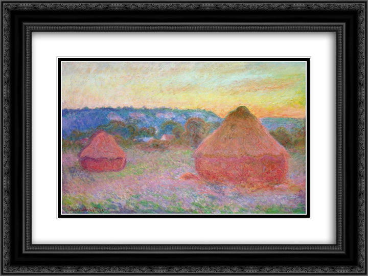 Grainstacks at the End of the Day, Autumn 24x18 Black Ornate Wood Framed Art Print Poster with Double Matting by Monet, Claude