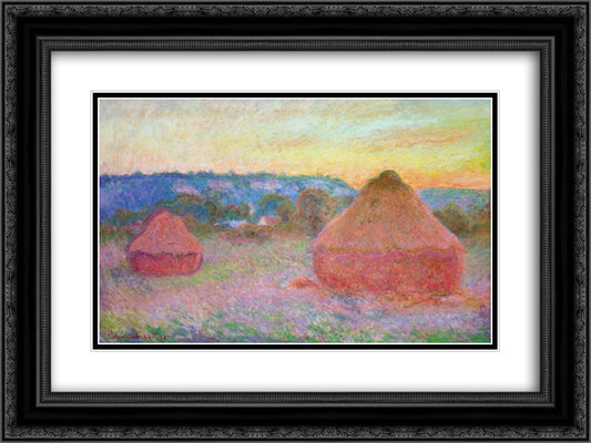 Grainstacks at the End of the Day, Autumn 24x18 Black Ornate Wood Framed Art Print Poster with Double Matting by Monet, Claude