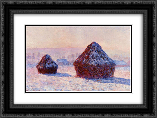 Grainstacks in the Morning, Snow Effect 24x18 Black Ornate Wood Framed Art Print Poster with Double Matting by Monet, Claude