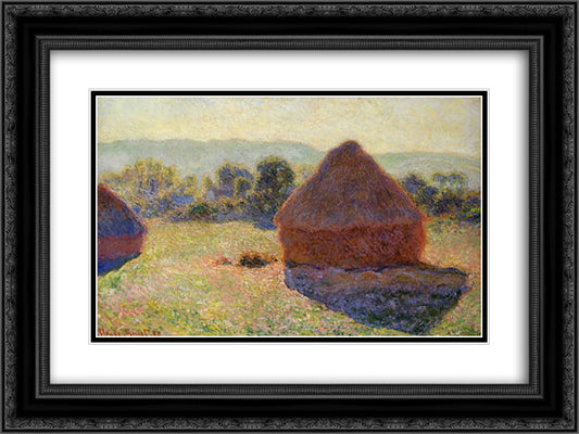 Grainstacks in the Sunlight, Midday 24x18 Black Ornate Wood Framed Art Print Poster with Double Matting by Monet, Claude