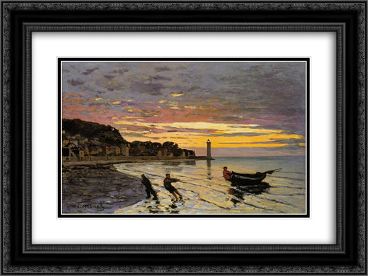 Hauling a Boat Ashore, Honfleur 24x18 Black Ornate Wood Framed Art Print Poster with Double Matting by Monet, Claude