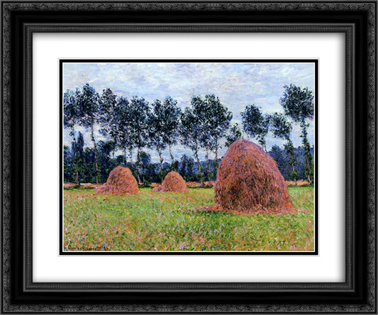 Haystacks, Overcast Day 24x20 Black Ornate Wood Framed Art Print Poster with Double Matting by Monet, Claude