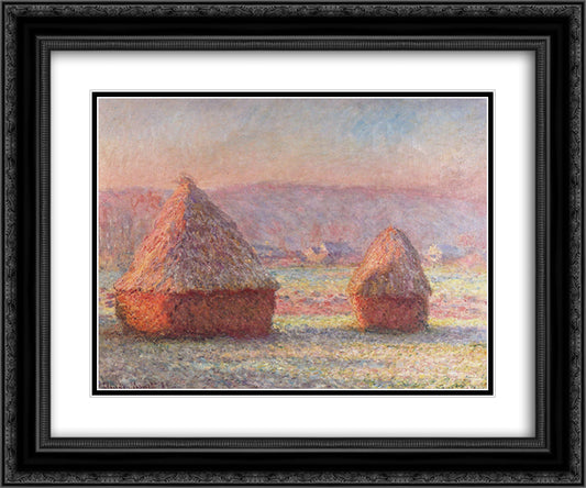 Haystacks - White Frost, Sunrise 24x20 Black Ornate Wood Framed Art Print Poster with Double Matting by Monet, Claude