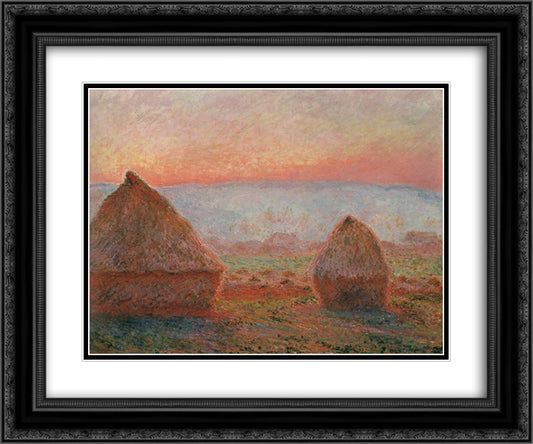 Haystacks at Giverny, the Evening Sun 24x20 Black Ornate Wood Framed Art Print Poster with Double Matting by Monet, Claude