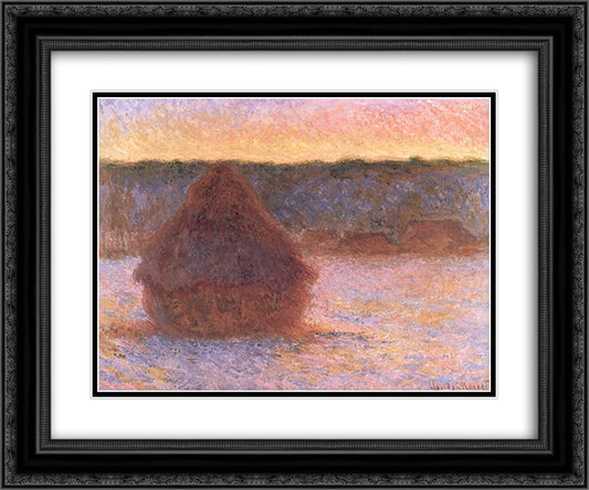 Haystacks at Sunset, Frosty Weather 24x20 Black Ornate Wood Framed Art Print Poster with Double Matting by Monet, Claude