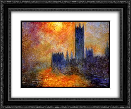House of Parliament Sun 24x20 Black Ornate Wood Framed Art Print Poster with Double Matting by Monet, Claude