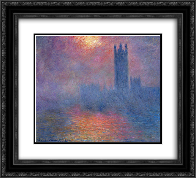 Houses of Parliament, London, Sun Breaking Through 22x20 Black Ornate Wood Framed Art Print Poster with Double Matting by Monet, Claude