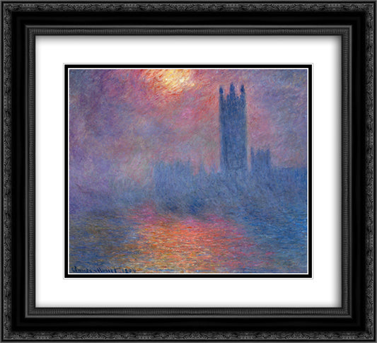 Houses of Parliament, London, Sun Breaking Through 22x20 Black Ornate Wood Framed Art Print Poster with Double Matting by Monet, Claude
