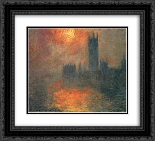 Houses of Parliament, Sunset 22x20 Black Ornate Wood Framed Art Print Poster with Double Matting by Monet, Claude