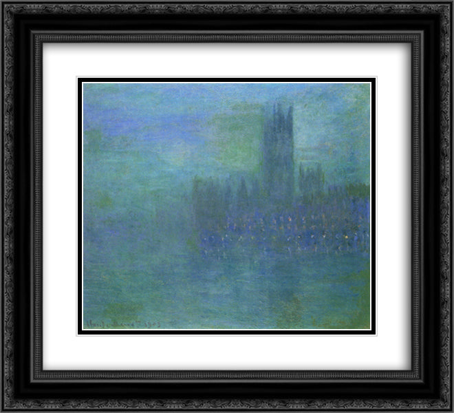 Houses of Parlilament, Fog Effect 22x20 Black Ornate Wood Framed Art Print Poster with Double Matting by Monet, Claude