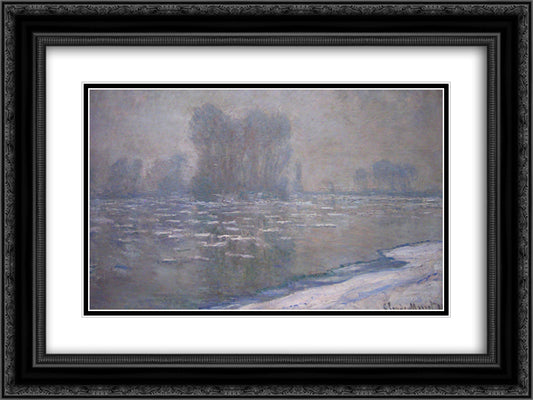 Ice Floes, Misty Morning 24x18 Black Ornate Wood Framed Art Print Poster with Double Matting by Monet, Claude