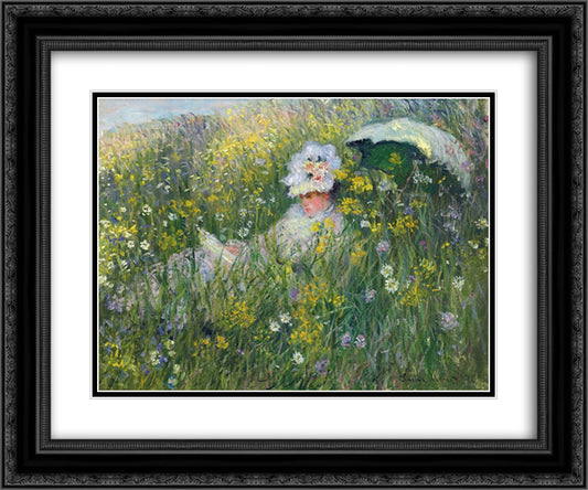 In the Meadow 24x20 Black Ornate Wood Framed Art Print Poster with Double Matting by Monet, Claude