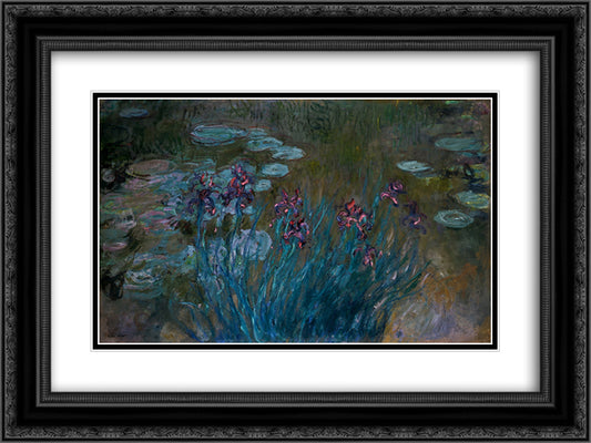 Irises and Water-Lilies 24x18 Black Ornate Wood Framed Art Print Poster with Double Matting by Monet, Claude