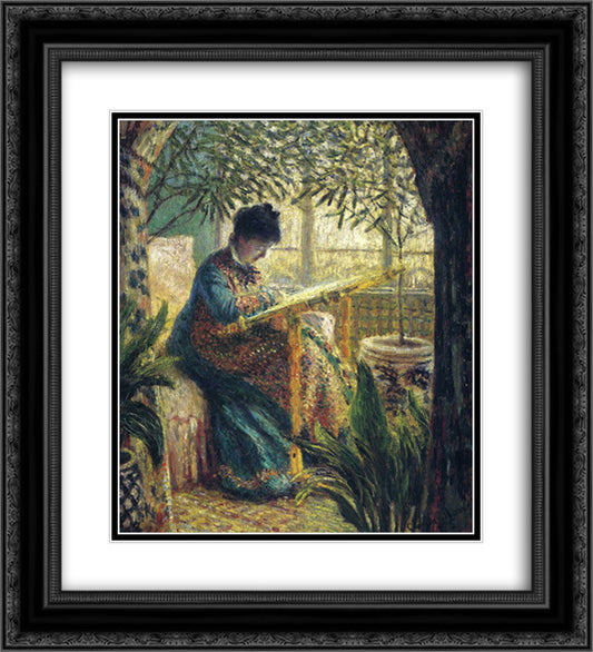 Madame Monet Embroidering 20x22 Black Ornate Wood Framed Art Print Poster with Double Matting by Monet, Claude