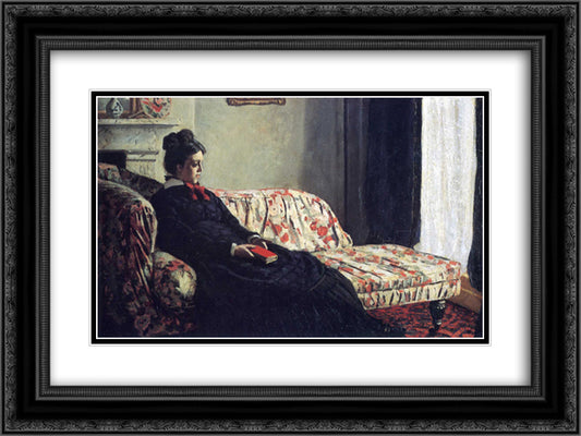 Meditation, Madame Monet Sitting on a Sofa 24x18 Black Ornate Wood Framed Art Print Poster with Double Matting by Monet, Claude