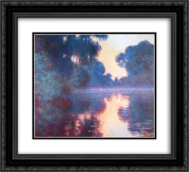 Misty Morning on the Seine in Bue 22x20 Black Ornate Wood Framed Art Print Poster with Double Matting by Monet, Claude