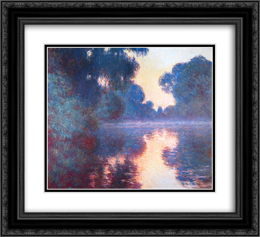 Misty Morning on the Seine in Bue 22x20 Black Ornate Wood Framed Art Print Poster with Double Matting by Monet, Claude