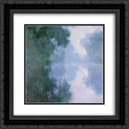 Morning on the Seine near Giverny, the Fog 20x20 Black Ornate Wood Framed Art Print Poster with Double Matting by Monet, Claude