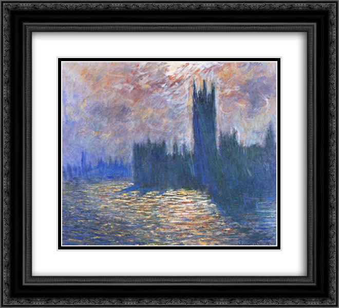 Parliament, Reflections on the Thames 22x20 Black Ornate Wood Framed Art Print Poster with Double Matting by Monet, Claude