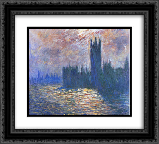 Parliament, Reflections on the Thames 22x20 Black Ornate Wood Framed Art Print Poster with Double Matting by Monet, Claude