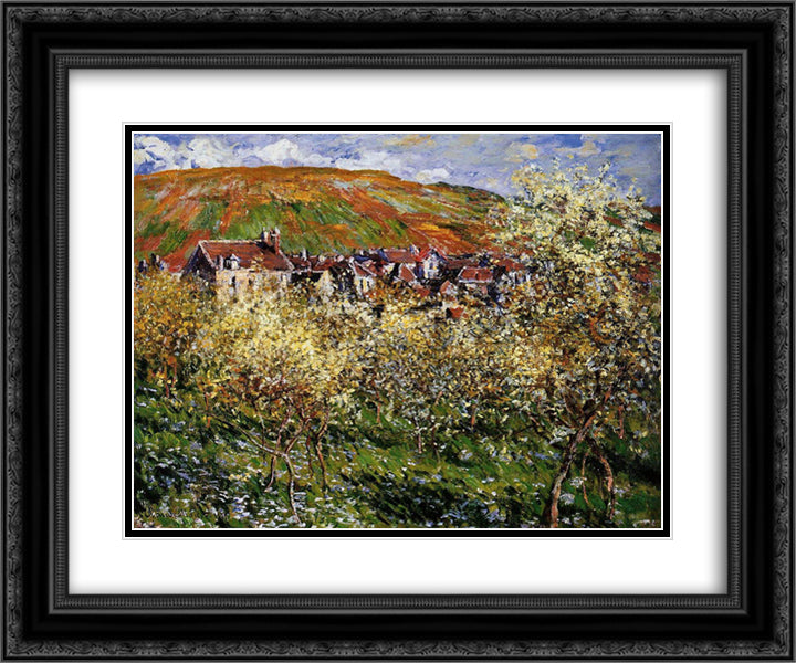Plum Trees in Blossom at Vetheuil 24x20 Black Ornate Wood Framed Art Print Poster with Double Matting by Monet, Claude