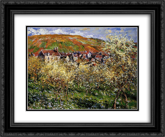 Plum Trees in Blossom at Vetheuil 24x20 Black Ornate Wood Framed Art Print Poster with Double Matting by Monet, Claude