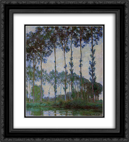 Poplars on the Banks of the River Epte, Overcast Weather 20x22 Black Ornate Wood Framed Art Print Poster with Double Matting by Monet, Claude