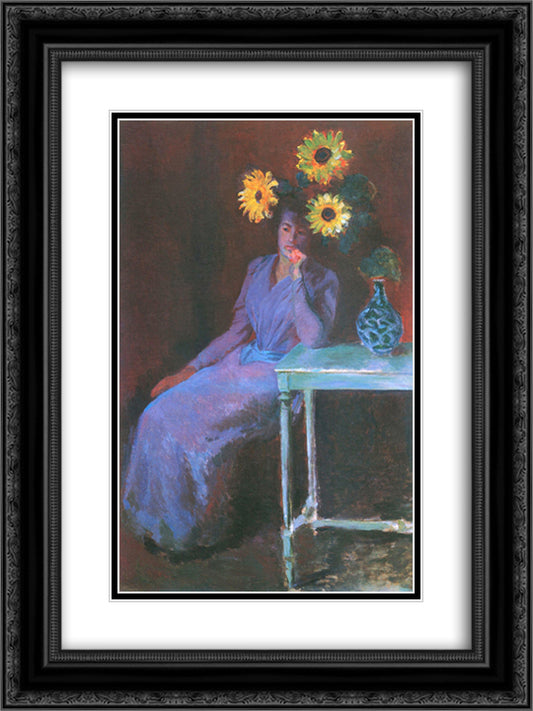 Portrait of Suzanne Hoschede with Sunflowers 18x24 Black Ornate Wood Framed Art Print Poster with Double Matting by Monet, Claude