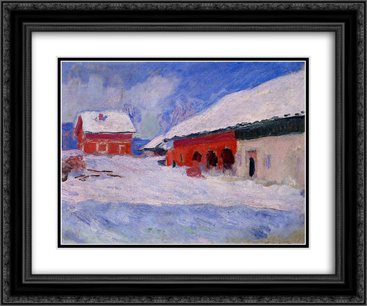 Red Houses at Bjornegaard in the Snow, Norway 24x20 Black Ornate Wood Framed Art Print Poster with Double Matting by Monet, Claude