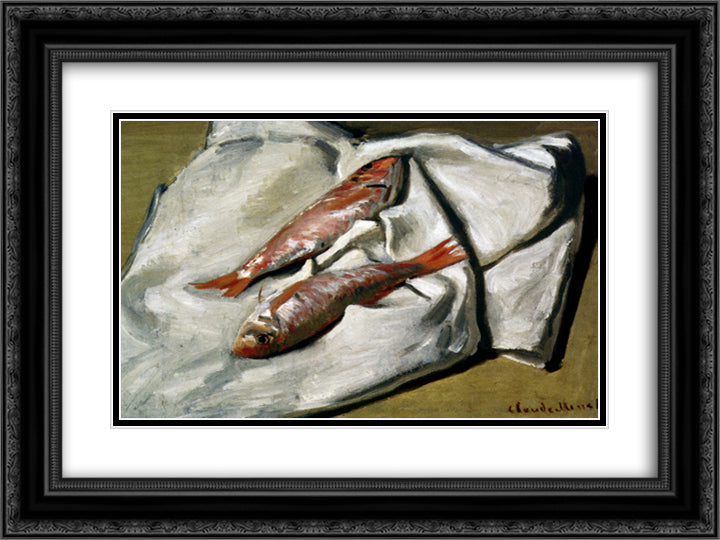 Red Mullets 24x18 Black Ornate Wood Framed Art Print Poster with Double Matting by Monet, Claude