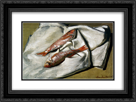 Red Mullets 24x18 Black Ornate Wood Framed Art Print Poster with Double Matting by Monet, Claude