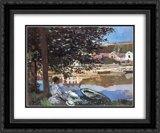 River Scene at Bennecourt 24x20 Black Ornate Wood Framed Art Print Poster with Double Matting by Monet, Claude