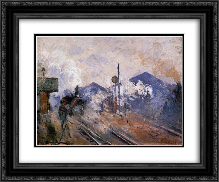 Saint-Lazare Station, Track Coming out 24x20 Black Ornate Wood Framed Art Print Poster with Double Matting by Monet, Claude