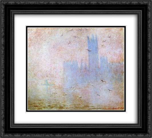Seagulls over the Houses of Parliament 22x20 Black Ornate Wood Framed Art Print Poster with Double Matting by Monet, Claude