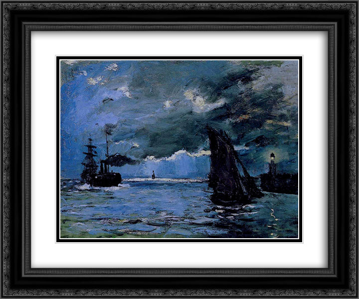 Seascape, Night Effect 24x20 Black Ornate Wood Framed Art Print Poster with Double Matting by Monet, Claude