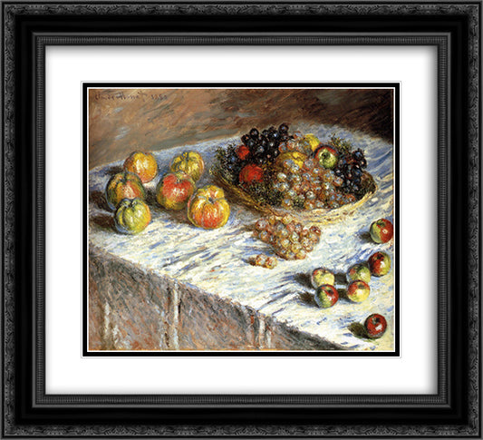 Still Life with Apples And Grapes 22x20 Black Ornate Wood Framed Art Print Poster with Double Matting by Monet, Claude