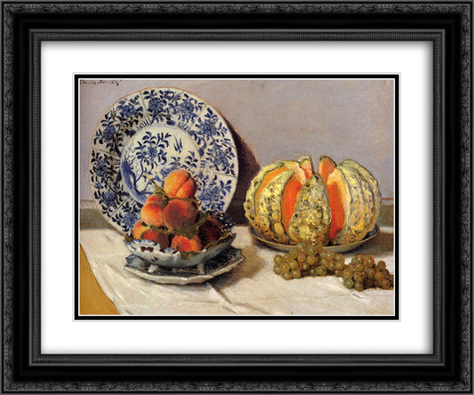 Still Life with Melon 24x20 Black Ornate Wood Framed Art Print Poster with Double Matting by Monet, Claude