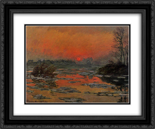 Sunset on the Seine in Winter 24x20 Black Ornate Wood Framed Art Print Poster with Double Matting by Monet, Claude