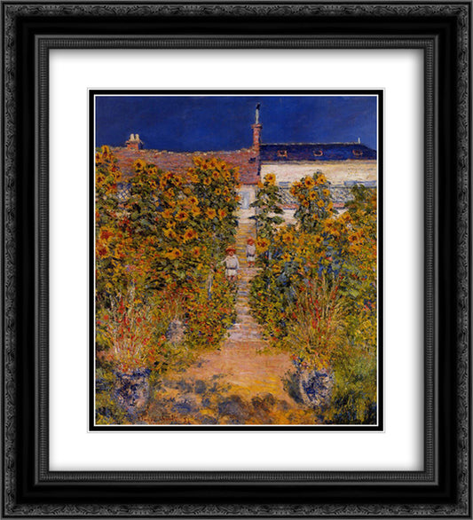 The Artist's Garden at Vetheuil 20x22 Black Ornate Wood Framed Art Print Poster with Double Matting by Monet, Claude