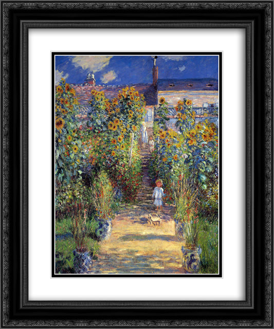 The Artist's Garden at Vetheuil 20x24 Black Ornate Wood Framed Art Print Poster with Double Matting by Monet, Claude