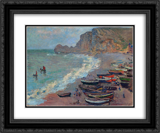 The Beach at Etretat 24x20 Black Ornate Wood Framed Art Print Poster with Double Matting by Monet, Claude